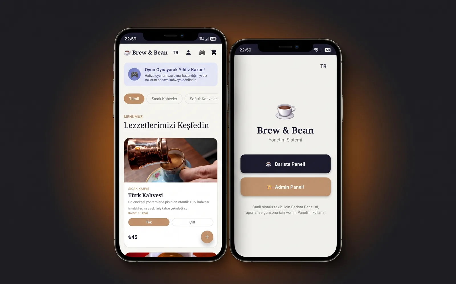 Brew & Bean customer menu and cafe management screen